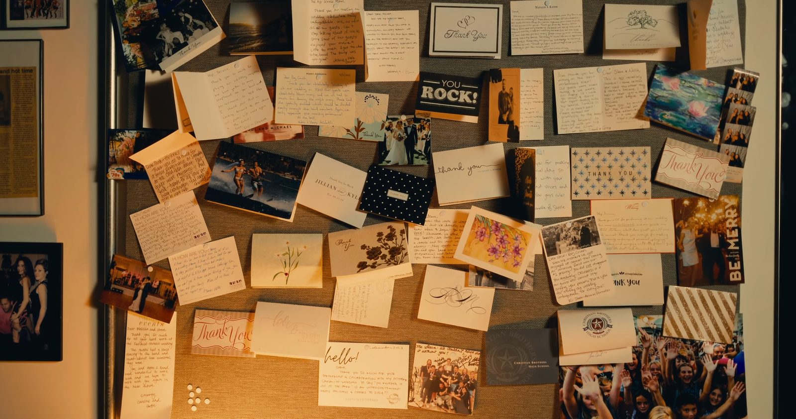 A wall of thank-you cards from past clients.